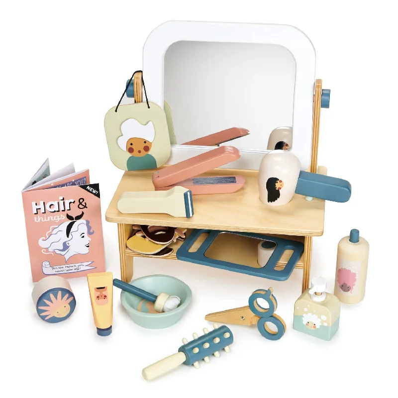 Tender Leaf Toys - Hair Salon - 21 Piece Pretend Play Wooden Hair Cutting Kit, Hairdresser Kit, Hair Styling Set with Tilting Mirror - Encourages Role-Play, Story Invention in Boys and Girls - Age 3+