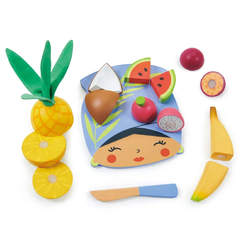 Tender Leaf Toys - Tropical Fruit Chopping Board - Wooden Play Food Set with 6 Choppable Fruits, Wood Knife and Illustrated Board - Improves Fine Motor Skills - Age 2+