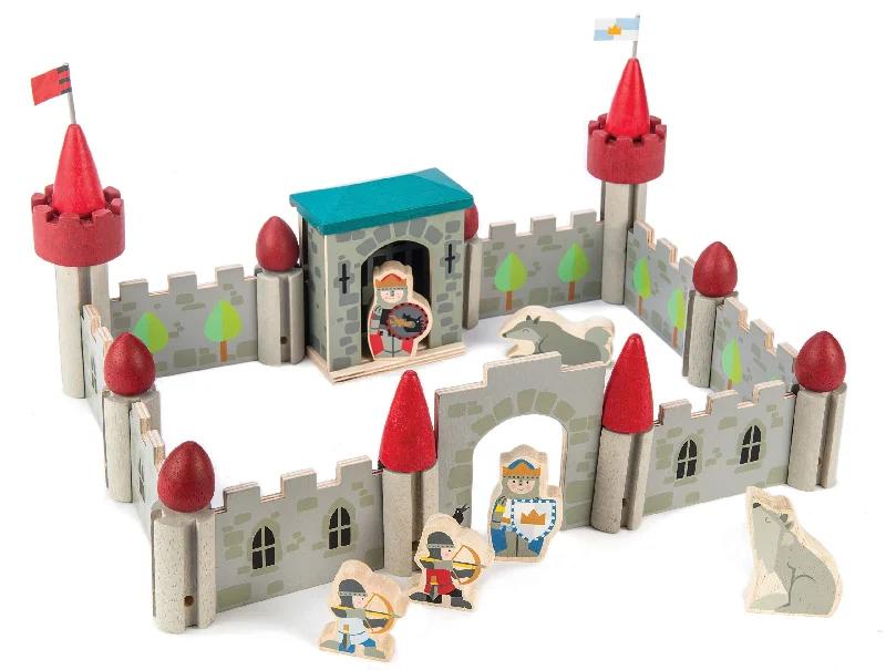 Tender Leaf Toys Wolf Castle - Wooden Building Block Set with Wooden Characters Including Knights and Wolves