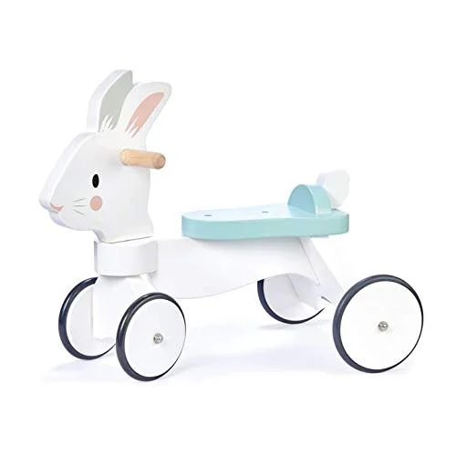 Tender Leaf Toys - Running Rabbit Ride On - Wooden Four Wheeled Push Balance Rabbit Themed Bike with Rubber Ring and Handle - Early Walk Development and Muscle Strength Enhancement for Children 18M+