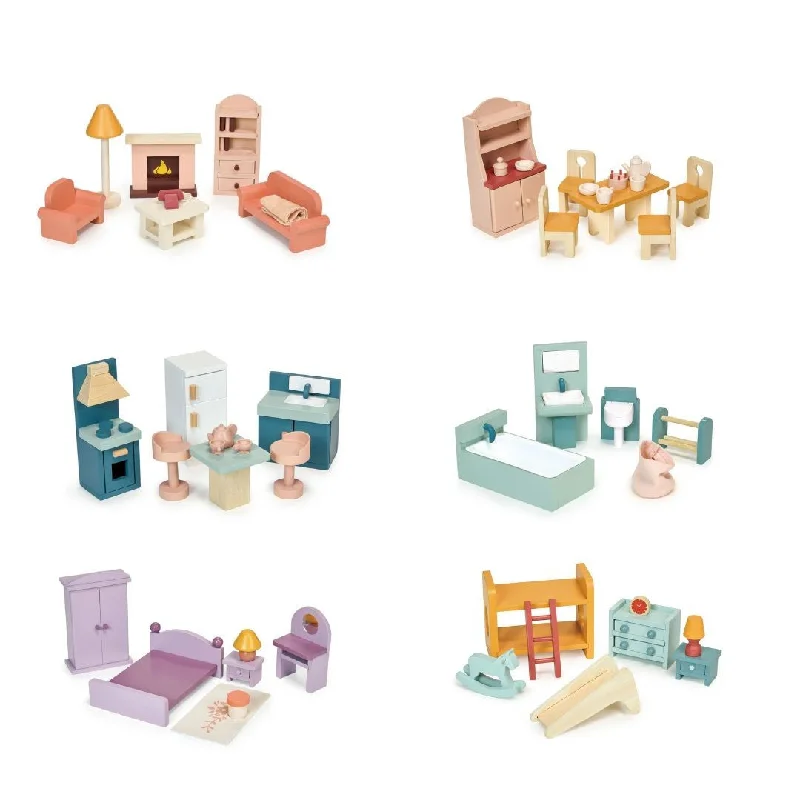 Mentari Dolls House Furniture Bundle Set of 6 (MT7621 Sittingroom, MT7622 Dining Room, MT7623 Kitchen, MT7624 Bathroom, MT7625 Bedroom, MT7626 Playroom)