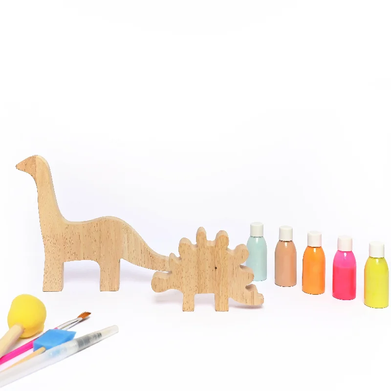 DIY Kit-Dino Set of 2- 2 Wooden Dinosaurs, 5 Color Bottles, 2 Paint Brush, 2 Sponge Brush with different size