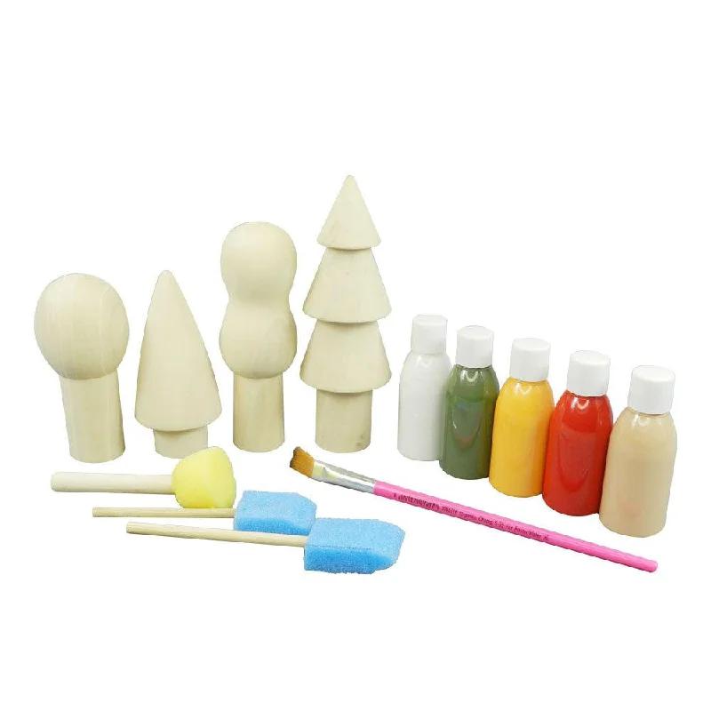 DIY Kit-Trees-4 Wooden Trees,5 Color Bottles ,2 Paint Brush, 3 Sponge Brush.