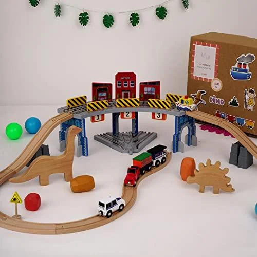 The Dino Land | Third Set-1 Including (Police Jeep,1 Car,1 Boat,2 Dinosaurs,3 Stones,1 Signal,4 Plastic Attachment,12 Tracks and1 Large Bridge)