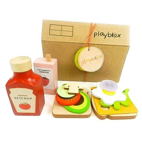 Toasty House Wooden Play Food for Toddlers - 13 Pieces Breakfast Pretend Toy Food for Play Kitchen Accessories