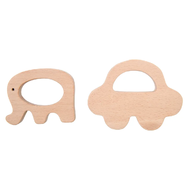 Wooden Car & Elefant Teether Set | Beech Wood Teether for Babies