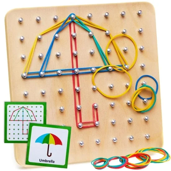 Wooden Montessori Geoboard with Rubber Bands for Kids