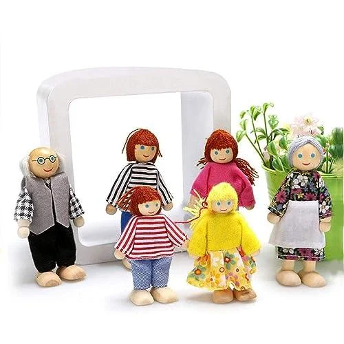 Wooden Pop's Family | 6pcs Wooden Dolls Pretend Play Set Dolls Family for Children Kids Figure Toy Mini House Gift