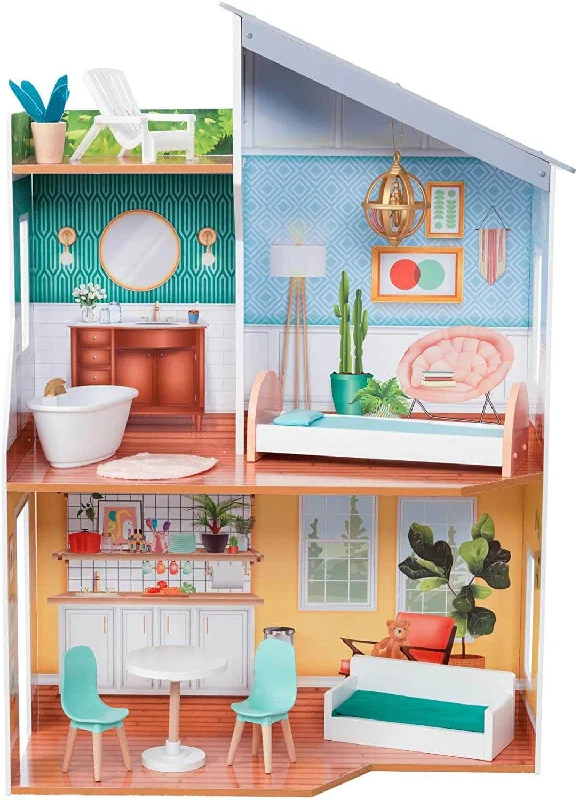 Wooden Dollhouse With Furniture For Kids